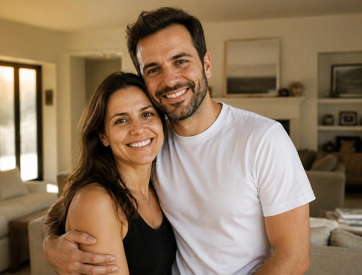 Casal brasileiro se abraçando em casa