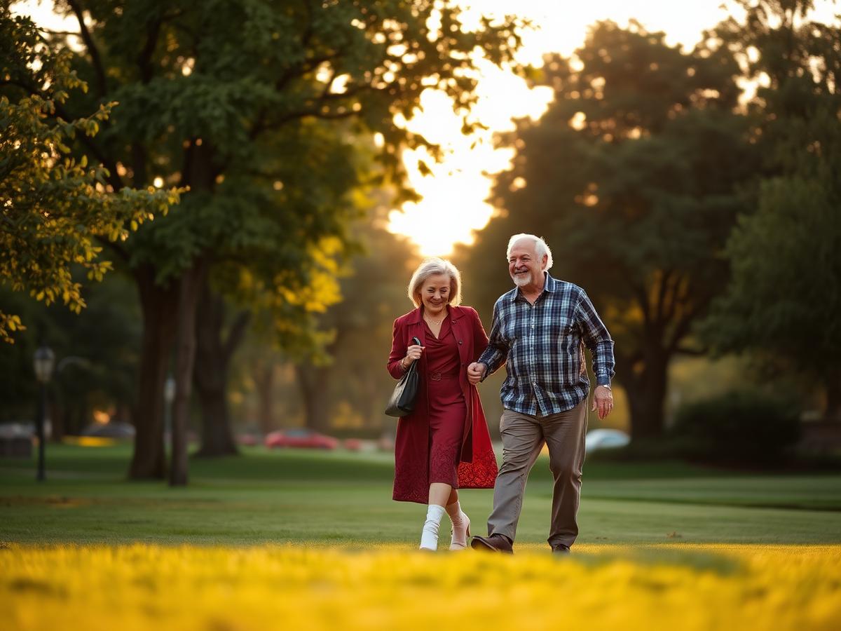 Casal caminhando ao amanhecer em um parque